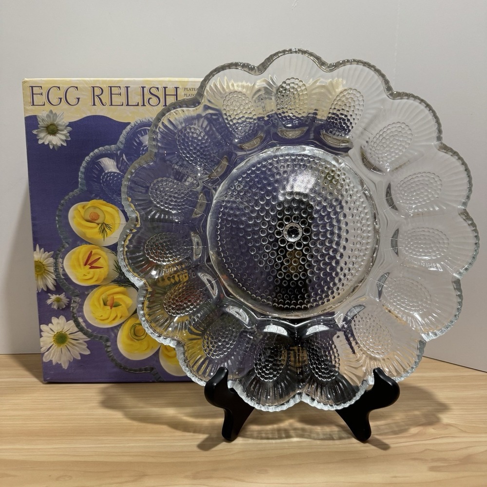 Indiana Glass Egg Relish Dish 11" Clear Hobnail 12624 Deviled Egg Plate w/Box